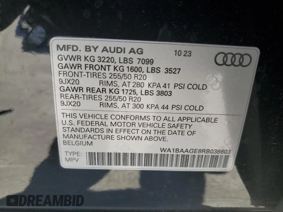 2024 Audi Q8 e-tron z VIN WA1BAAGE8RB038603, wystawiony jako Copart lot #70834514 z przebiegiem 7300 mil mil oraz Szkody całkowita. Historia ofert i sprzedaży dostępna na DreamBid. Obrazek 14.