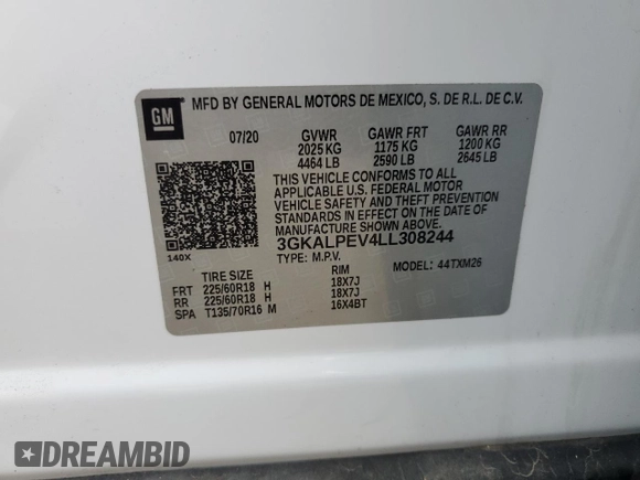 2020 GMC Terrain SLT with VIN 3GKALPEV4LL308244, listed as a Copart auction lot 44169165 with 33,697 mi miles and Salvage title. Bid and sale history available at DreamBid. Image 14.
