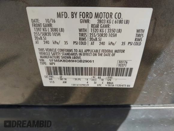 2017 Ford Explorer XLT with VIN 1FM5K8D89HGB29061, listed as a IAAI auction lot 42133475 with 121,086 mi miles and . Bid and sale history available at DreamBid. Image 9.