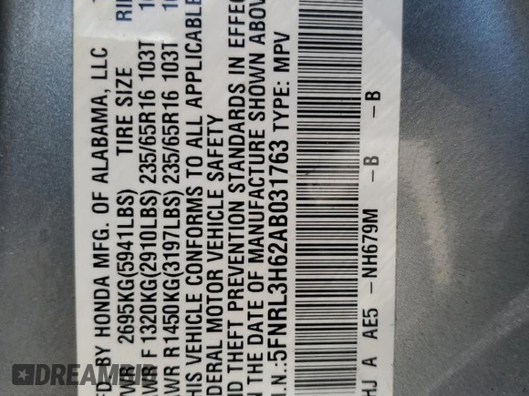 2010 Honda Odyssey EX-L with VIN 5FNRL3H62AB031763, listed as a Copart auction lot 52800055 with 220,450 mi miles and Salvage Title. Bid and sale history available at DreamBid. Image 13.