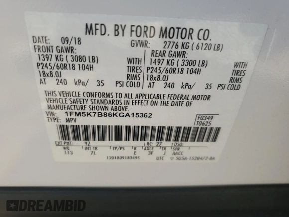 2019 Ford Explorer with VIN 1FM5K7B86KGA15362, listed as a Copart auction lot 86217484 with 54,146 mi miles and Salvage title. Bid and sale history available at DreamBid. Image 15.
