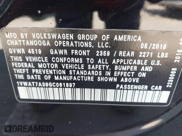 2016 Volkswagen Passat S с VIN 1VWAT7A39GC061897, выставлен на аукционе IAAI как лот 42562833 с пробегом Не указан миль и . История ставок и продаж доступна на DreamBid. Изображение 9.