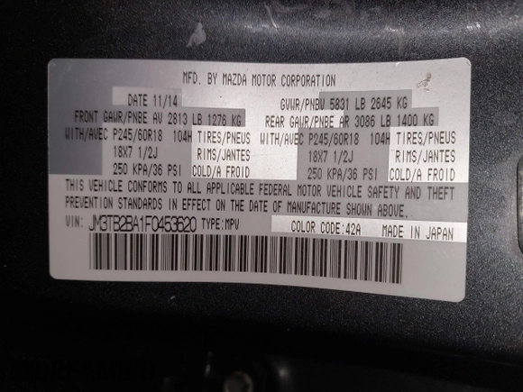 2015 Mazda CX-9 Sport with VIN JM3TB2BA1F0453620, listed as a IAAI auction lot 41330887 with 119,219 mi miles and . Bid and sale history available at carsss.com. Image 9.