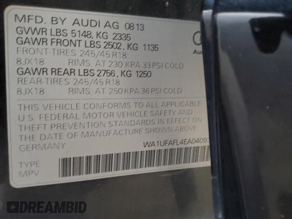 2014 Audi allroad Premium Plus with VIN WA1UFAFL4EA040939, listed as a Copart auction lot 87587215 with 142,593 mi miles and Salvage Title. Bid and sale history available at carsss.com. Image 12.