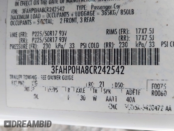 2012 Ford Fusion SE with VIN 3FAHP0HA8CR242542, listed as a IAAI auction lot 42419727 with 157,572 mi miles and . Bid and sale history available at DreamBid. Image 9.