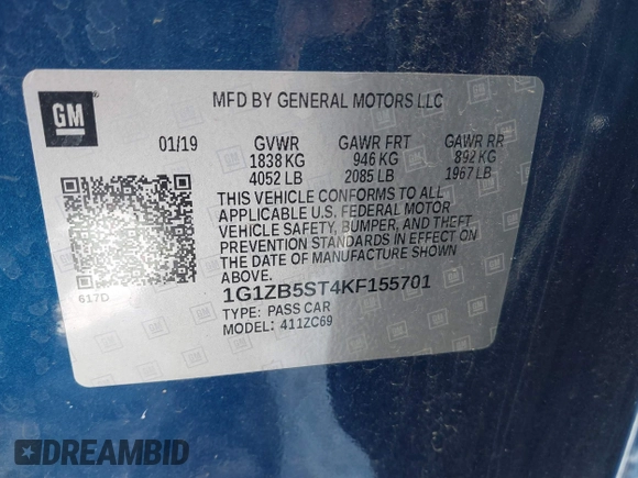 2019 Chevrolet Malibu LS with VIN 1G1ZB5ST4KF155701, listed as a IAAI auction lot 41354004 with 78,112 mi miles and . Bid and sale history available at DreamBid. Image 9.