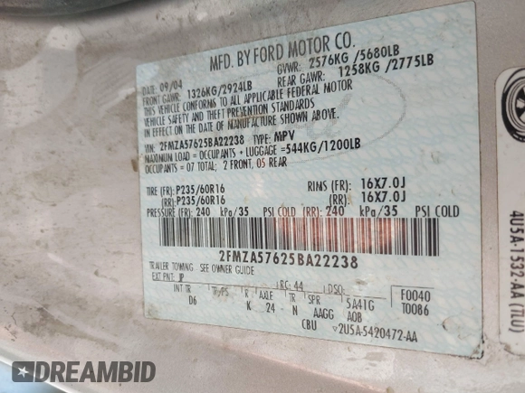 2005 Ford Freestar SES с VIN 2FMZA57625BA22238, выставлен на аукционе IAAI как лот 41840708 с пробегом 195 192 миль миль и . История ставок и продаж доступна на DreamBid. Изображение 9.