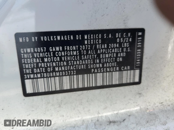 2024 Volkswagen Jetta Sport with VIN 3VWAM7BU8RM093732, listed as a Copart auction lot 44820755 with 7,547 mi miles and Salvage title. Bid and sale history available at DreamBid. Image 12.