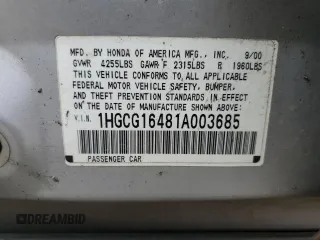 2001 Honda Accord LX z VIN 1HGCG16481A003685, wystawiony jako Copart lot #80932074 z przebiegiem Nie podano mil oraz Szkoda całkowita • Salvage title. Historia ofert i sprzedaży dostępna na DreamBid. Obrazek 12.