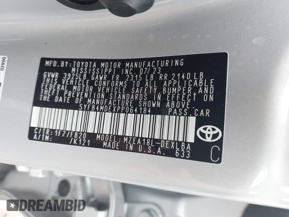 2023 Toyota Corolla LE z VIN 5YFB4MDEXPP064184, wystawiony jako IAAI lot #41511156 z przebiegiem 20 661 mil mil oraz . Historia ofert i sprzedaży dostępna na DreamBid. Obrazek 9.
