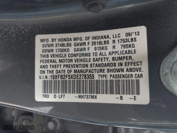 2013 Honda Civic Sdn LX with VIN 19XFB2F5XDE278355, listed as a IAAI auction lot 40952951 with 106,253 mi miles. Bid and sale history available at carsss.com. Image 9.