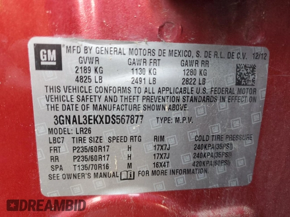 2013 Chevrolet Captiva Sport LT with VIN 3GNAL3EKXDS567877, listed as a Copart auction lot 85428374 with 155,588 mi miles and Clean Title. Bid and sale history available at DreamBid. Image 13.