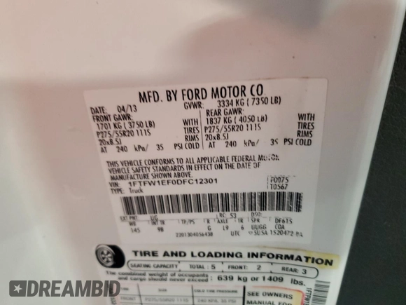 2013 Ford F-150 XL with VIN 1FTFW1EF0DFC12301, listed as a Copart auction lot 61483485 with 297,038 mi miles and Clean title. Bid and sale history available at DreamBid. Image 12.