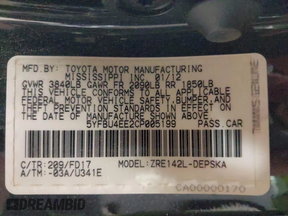 2012 Toyota Corolla L with VIN 5YFBU4EE2CP005199, listed as a IAAI auction lot 42017006 with 132,016 mi miles and . Bid and sale history available at DreamBid. Image 9.