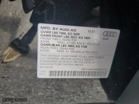 2022 Audi e-tron Sportback S line Premium with VIN WA11AAGE9NB019158, listed as a Copart auction lot 59500904 with 0 mi miles and Non Repairable. Bid and sale history available at carsss.com. Image 13.