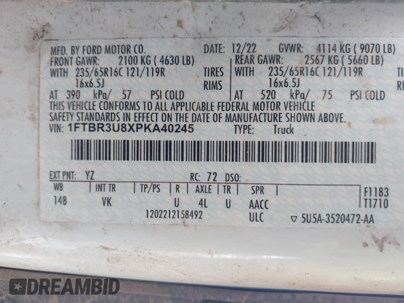 2023 Ford Transit Cargo with VIN 1FTBR3U8XPKA40245, listed as a IAAI auction lot 41878925 with 80,306 mi miles and . Bid and sale history available at DreamBid. Image 9.