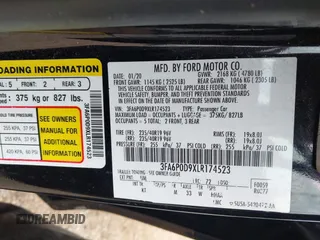 2020 Ford Fusion Titanium with VIN 3FA6P0D9XLR174523, listed as a IAAI auction lot 42100113 with 100,602 mi miles and . Bid and sale history available at DreamBid. Image 9.
