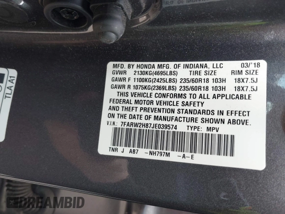 2018 Honda CR-V EX-L with VIN 7FARW2H87JE039574, listed as a IAAI auction lot 41741503 with 34,327 mi miles. Bid and sale history available at carsss.com. Image 9.