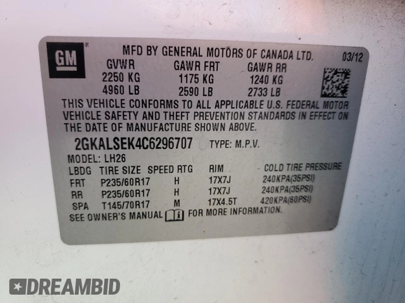 2012 GMC Terrain SLE-2 z VIN 2GKALSEK4C6296707, wystawiony jako Copart lot #57072485 z przebiegiem 162 986 mil mil oraz Czysty tytuł • Clean title. Historia ofert i sprzedaży dostępna na DreamBid. Obrazek 13.