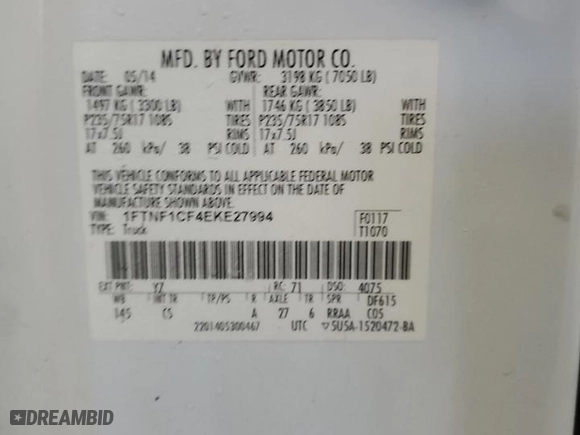2014 Ford F-150 XL with VIN 1FTNF1CF4EKE27994, listed as a Copart auction lot 52260405 with 282,140 mi miles and Clean Title. Bid and sale history available at carsss.com. Image 12.