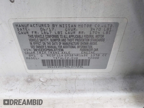 2017 Nissan Note S Plus with VIN 3N1CE2CP9HL377236, listed as a IAAI auction lot 40772439 with 111,730 mi miles and . Bid and sale history available at DreamBid. Image 9.