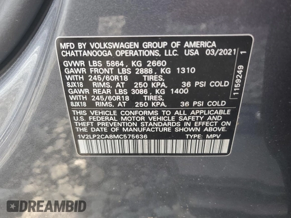 2021 Volkswagen Atlas SE с VIN 1V2LP2CA8MC575636, выставлен на аукционе Copart как лот 56463225 с пробегом Не указан миль и Списание • Salvage title. История ставок и продаж доступна на DreamBid. Изображение 14.