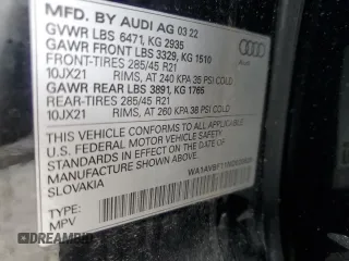 2022 Audi Q8 Premium z VIN WA1AVBF11ND020639, wystawiony jako Copart lot #58058925 z przebiegiem 21 987 mil mil oraz Szkoda całkowita • Salvage title. Historia ofert i sprzedaży dostępna na DreamBid. Obrazek 13.
