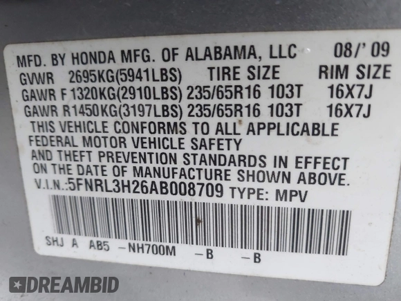 2010 Honda Odyssey LX with VIN 5FNRL3H26AB008709, listed as a IAAI auction lot 41836230 with 168,267 mi miles and . Bid and sale history available at DreamBid. Image 9.