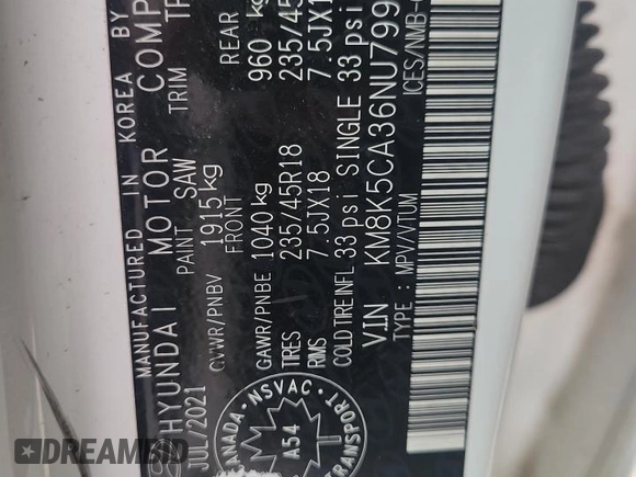2022 Hyundai Kona Limited with VIN KM8K5CA36NU799153, listed as a Copart auction lot 43559115 with 51,544 mi miles and Clean Title. Bid and sale history available at DreamBid. Image 13.