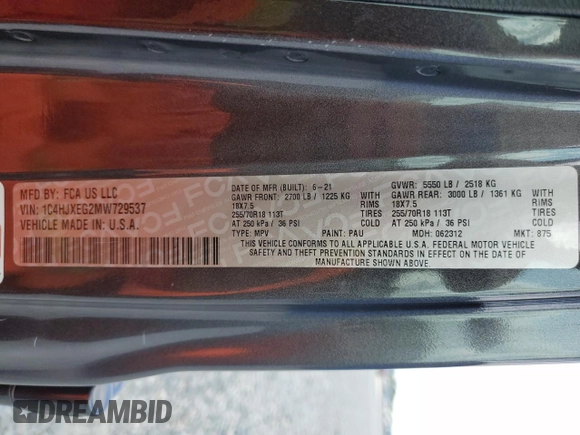 2021 Jeep Wrangler Unlimited Sahara с VIN 1C4HJXEG2MW729537, выставлен на аукционе Copart как лот 57131645 с пробегом 49 179 миль миль и Списание • Salvage title. История ставок и продаж доступна на DreamBid. Изображение 12.