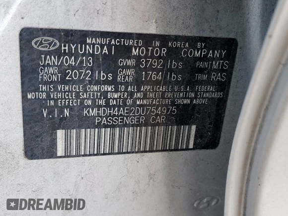 2013 Hyundai Elantra GLS z VIN KMHDH4AE2DU754975, wystawiony jako Copart lot #59701275 z przebiegiem 180 451 mil mil oraz Szkoda całkowita • Salvage title. Historia ofert i sprzedaży dostępna na DreamBid. Obrazek 12.