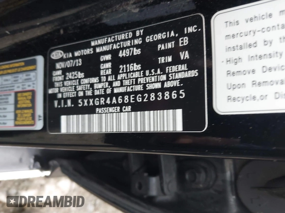 2014 Kia Optima SXL Turbo with VIN 5XXGR4A68EG283865, listed as a IAAI auction lot 41838408 with 178,582 mi miles and . Bid and sale history available at DreamBid. Image 9.