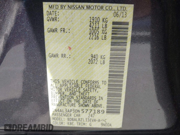 2013 Nissan Altima SV with VIN 1N4AL3AP3DN577189, listed as a IAAI auction lot 42041701 with 82,094 mi miles and . Bid and sale history available at carsss.com. Image 9.