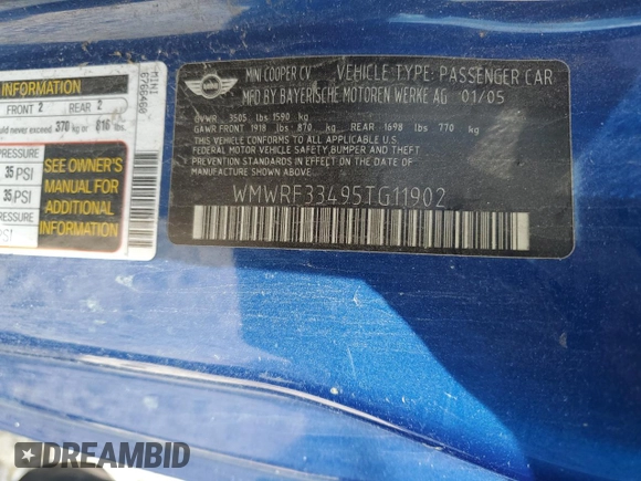 2005 MINI Convertible with VIN WMWRF33495TG11902, listed as a Copart auction lot 45397475 with Not provided miles and Salvage title. Bid and sale history available at DreamBid. Image 12.