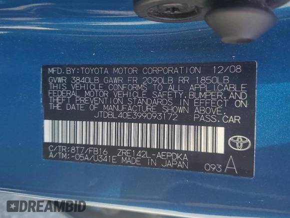 2009 Toyota Corolla with VIN JTDBL40E399093172, listed as a Copart auction lot 53878355 with 135,317 mi miles and Salvage Title. Bid and sale history available at carsss.com. Image 12.