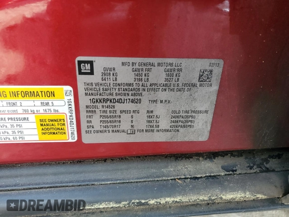 2013 GMC Acadia SLE with VIN 1GKKRPKD4DJ174620, listed as a Copart auction lot 52612625 with 217,792 mi miles and Salvage Title. Bid and sale history available at DreamBid. Image 13.