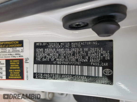 2015 Toyota Camry LE with VIN 4T1BD1FK0FU173767, listed as a Copart auction lot 56688395 with Not Provided miles and Salvage Title. Bid and sale history available at DreamBid. Image 12.