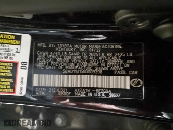 2022 Lexus ES 250 with VIN 58AD11D15NU009398, listed as a Copart auction lot 41675595 with 92,299 mi miles and Salvage title. Bid and sale history available at DreamBid. Image 14.