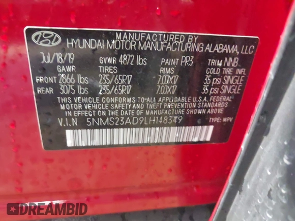 2020 Hyundai Santa Fe SE с VIN 5NMS23AD9LH148349, выставлен на аукционе IAAI как лот 42627680 с пробегом 73 035 миль миль и . История ставок и продаж доступна на DreamBid. Изображение 9.