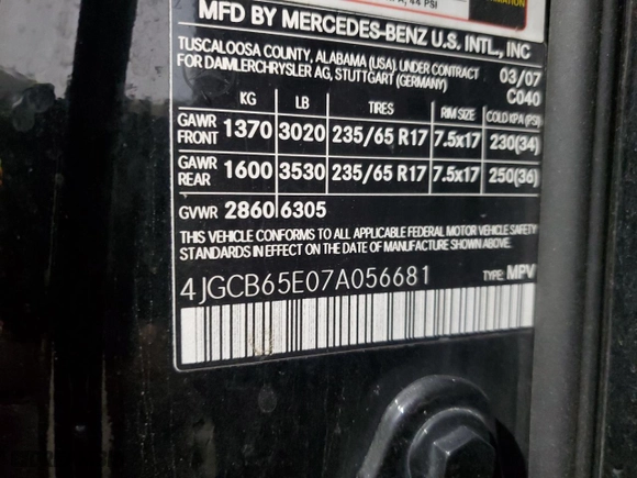 2007 Mercedes-Benz R-Class 3.5L with VIN 4JGCB65E07A056681, listed as a Copart auction lot 74299984 with 181,529 mi miles and Salvage Title. Bid and sale history available at carsss.com. Image 13.