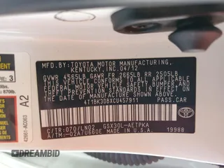 2012 Toyota Avalon with VIN 4T1BK3DBXCU457911, listed as a Copart auction lot 54584335 with 78,585 mi miles and Salvage Title. Bid and sale history available at carsss.com. Image 13.