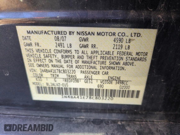 2008 Nissan Maxima 3.5 SL with VIN 1N4BA41E78C803220, listed as a Copart auction lot 53185725 with 195,047 mi miles and Clean Title. Bid and sale history available at carsss.com. Image 12.
