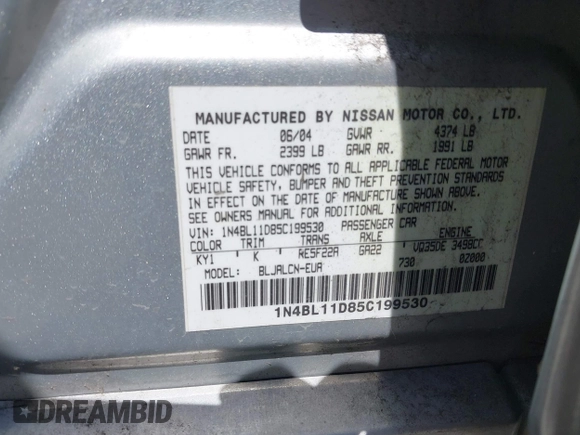 2005 Nissan Altima 3.5 SE with VIN 1N4BL11D85C199530, listed as a IAAI auction lot 42096983 with 92,906 mi miles. Bid and sale history available at carsss.com. Image 9.