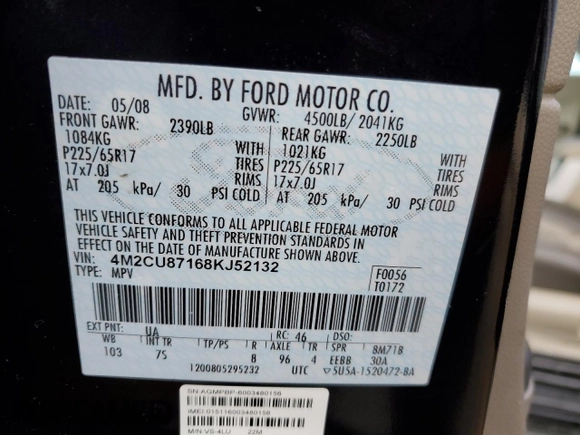 2008 Mercury Mariner Premier with VIN 4M2CU87168KJ52132, listed as a Copart auction lot 41786384 with 171,139 mi miles and Non Repairable. Bid and sale history available at carsss.com. Image 13.