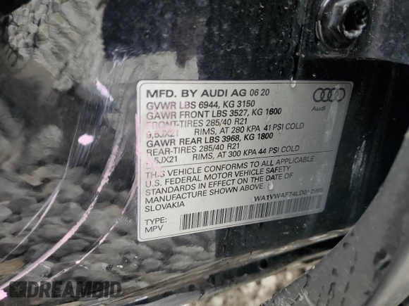 2020 Audi SQ7 z VIN WA1VWAF74LD012965, wystawiony jako Copart lot #64634414 z przebiegiem 67 166 mil mil oraz Szkoda całkowita • Salvage title. Historia ofert i sprzedaży dostępna na DreamBid. Obrazek 14.