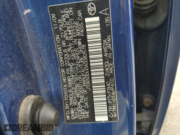 2010 Toyota Prius II with VIN JTDKN3DU0A0082578, listed as a Copart auction lot 55941325 with Not Provided miles and Clean Title. Bid and sale history available at DreamBid. Image 12.
