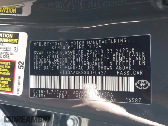 2025 Toyota Camry LE with VIN 4T1DAACK9SU070427, listed as a IAAI auction lot 41814689 with 2,934 mi miles and . Bid and sale history available at DreamBid. Image 9.