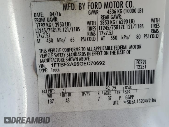 2016 Ford F-250 XL with VIN 1FTBF2A66GEC70692, listed as a Copart auction lot 80964484 with 167,565 mi miles and Clean title. Bid and sale history available at DreamBid. Image 12.