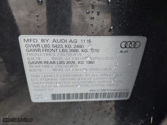 2016 Audi Q5 Premium with VIN WA1C2BFP9GA086706, listed as a IAAI auction lot 39970826 with 164,191 mi miles. Bid and sale history available at carsss.com. Image 9.