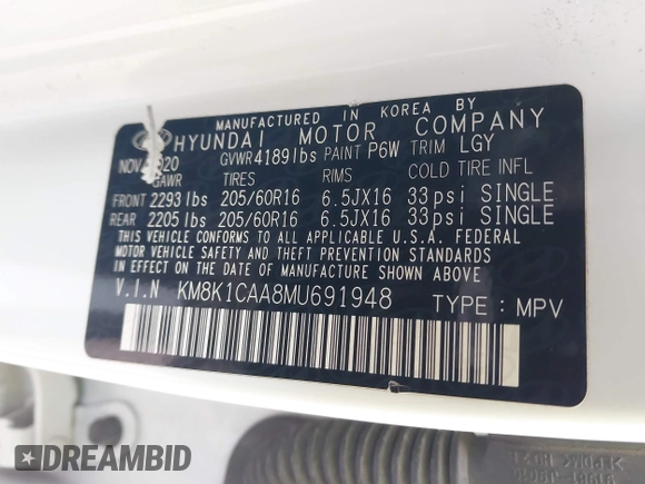 2021 Hyundai Kona SE with VIN KM8K1CAA8MU691948, listed as a IAAI auction lot 41278391 with 79,029 mi miles and . Bid and sale history available at carsss.com. Image 9.